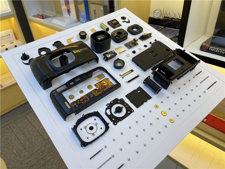Disassembled Canon Pentax Seagull Camera Art: Framed Teardown Parts, Modern Wall Decor for Home Office