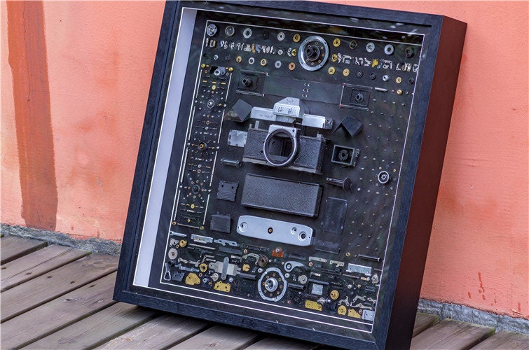 Disassembled Canon Pentax Seagull Camera Art: Framed Teardown Parts, Modern Wall Decor for Home Office