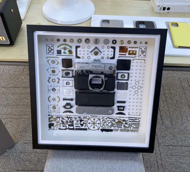 Disassembled Canon Pentax Seagull Camera Art: Framed Teardown Parts, Modern Wall Decor for Home Office